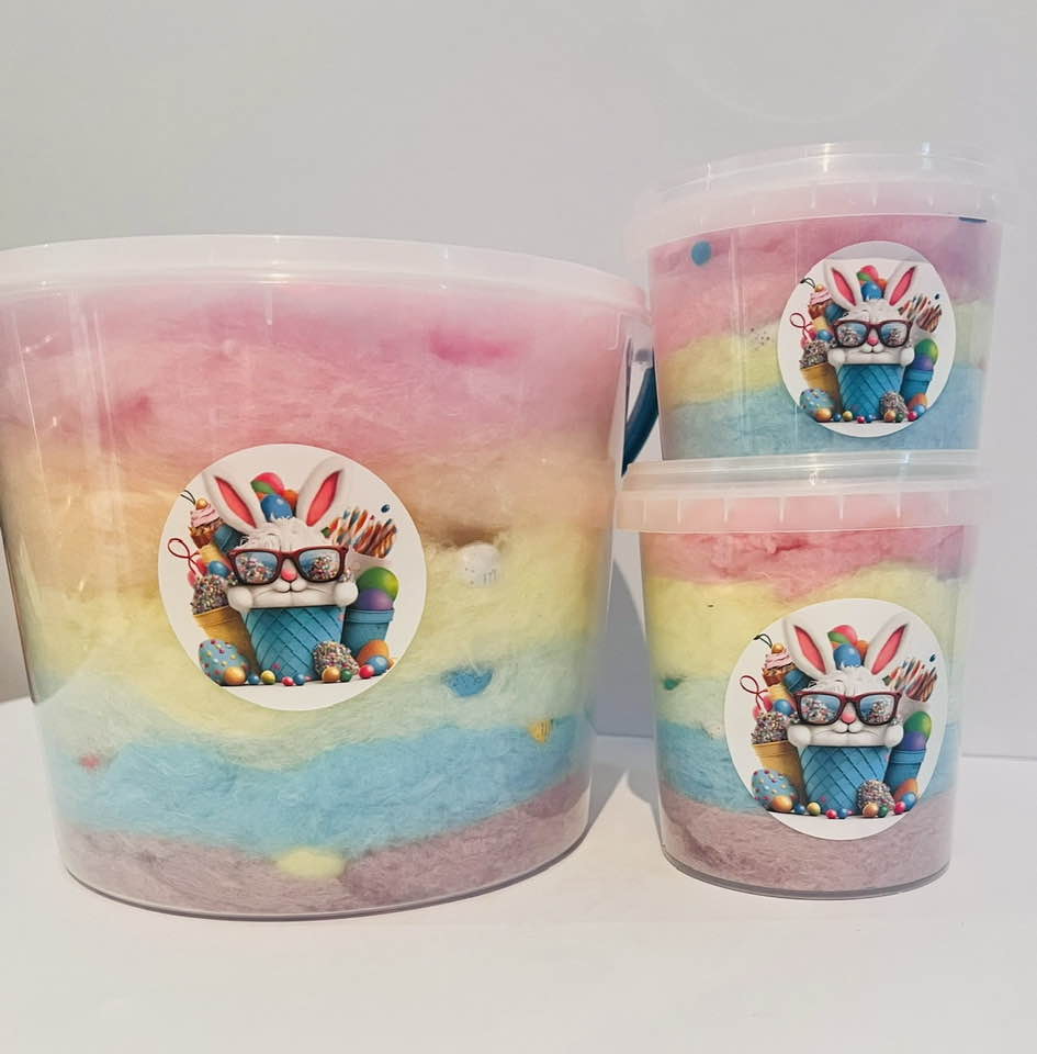 Rainbow Floss Tub + Candy Chocolate Eggs + Personalised Bunny Sticker