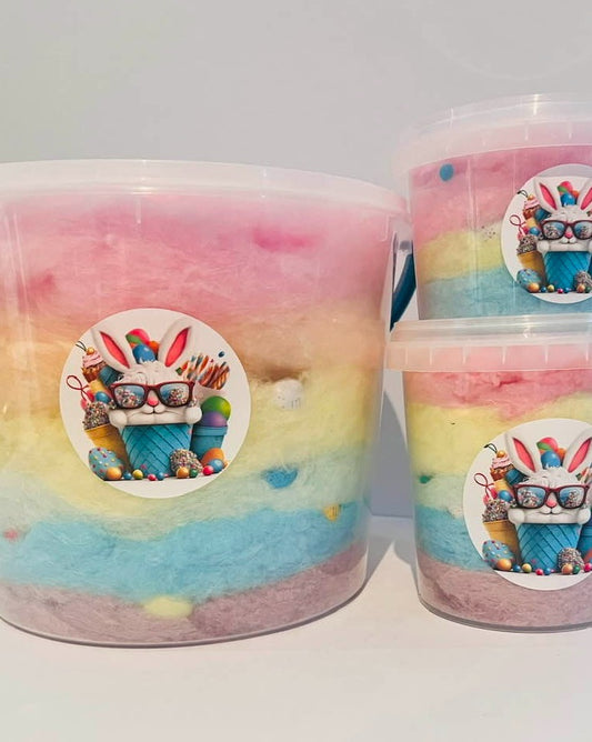 5 Litre Bucket of Rainbow Floss + Candy Chocolate Eggs + Personalised Bunny Sticker