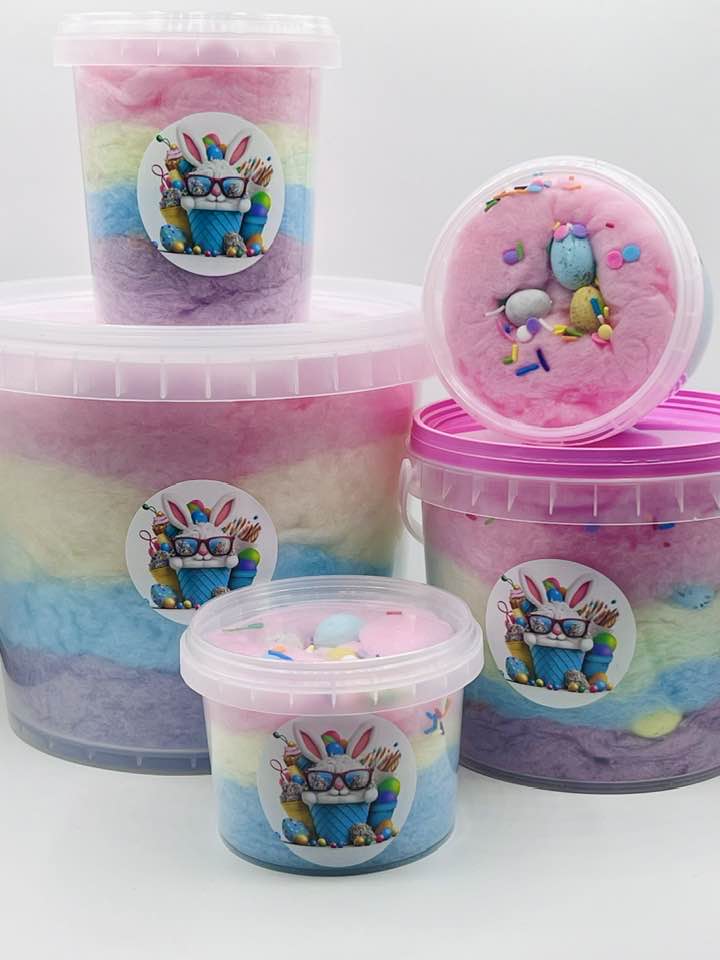 5 Litre Bucket of Rainbow Floss + Candy Chocolate Eggs + Personalised Bunny Sticker