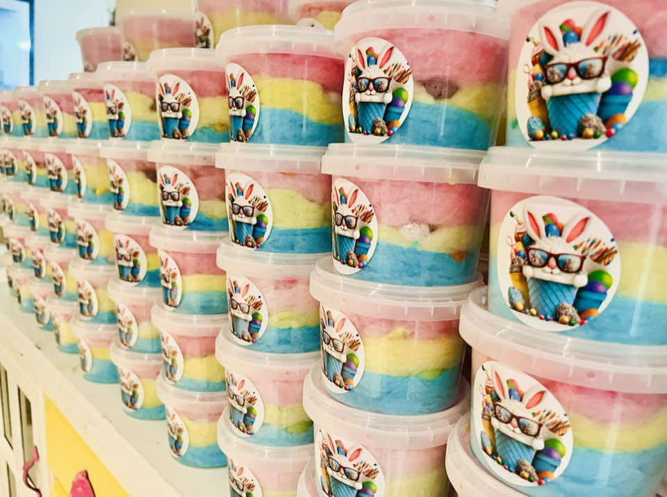 Small Rainbow Floss Tub + Candy Chocolate Eggs + Personalised Bunny Sticker