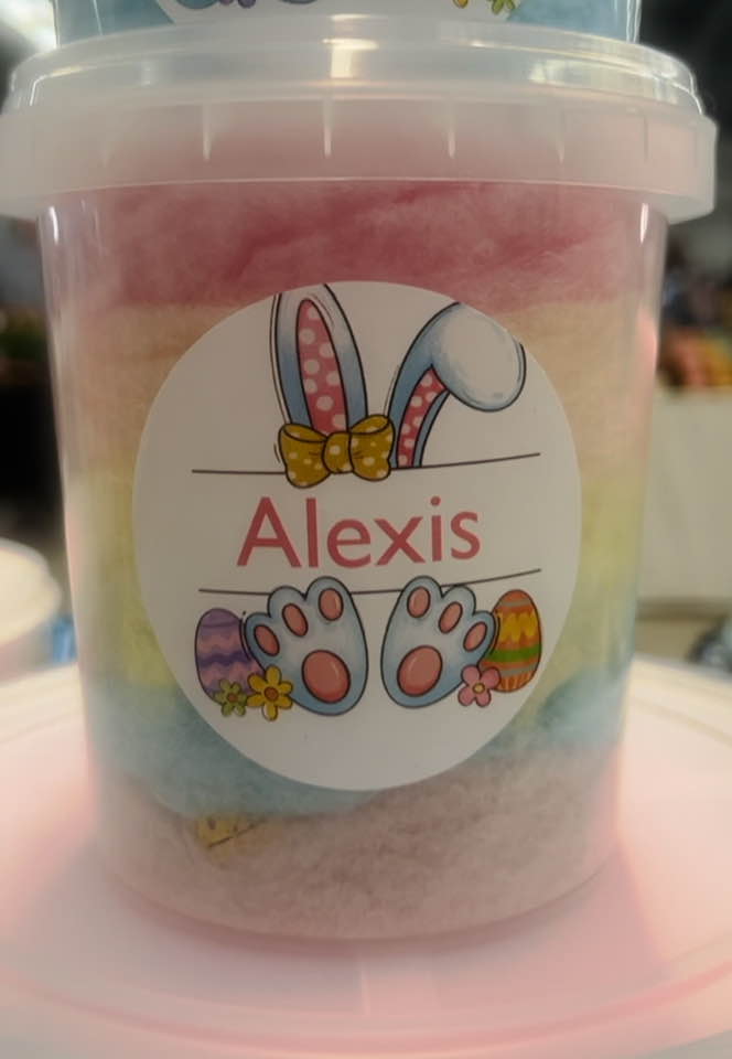 Rainbow Floss Tub + Candy Chocolate Eggs + Personalised Bunny Sticker