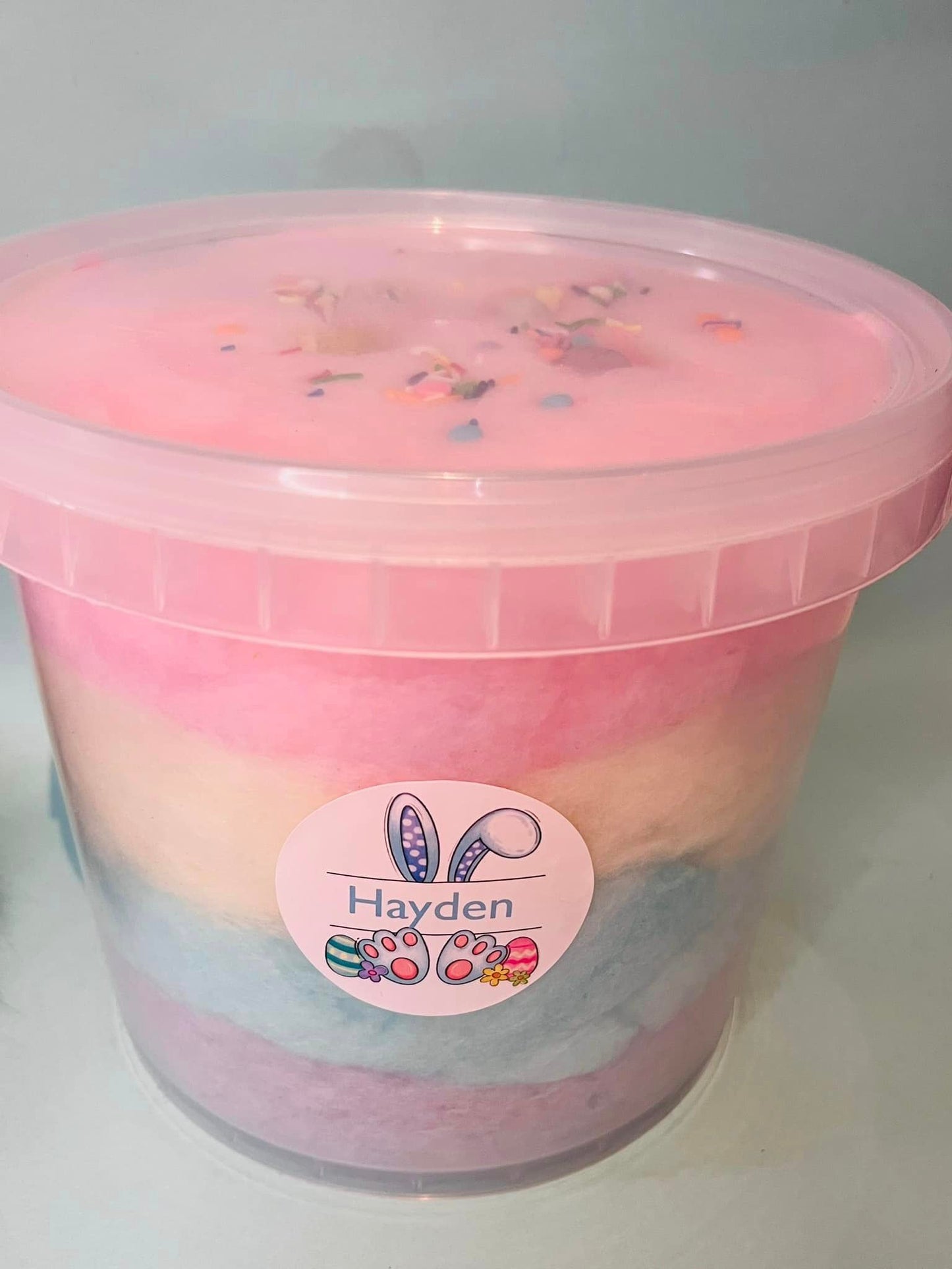 5 Litre Bucket of Rainbow Floss + Candy Chocolate Eggs + Personalised Bunny Sticker