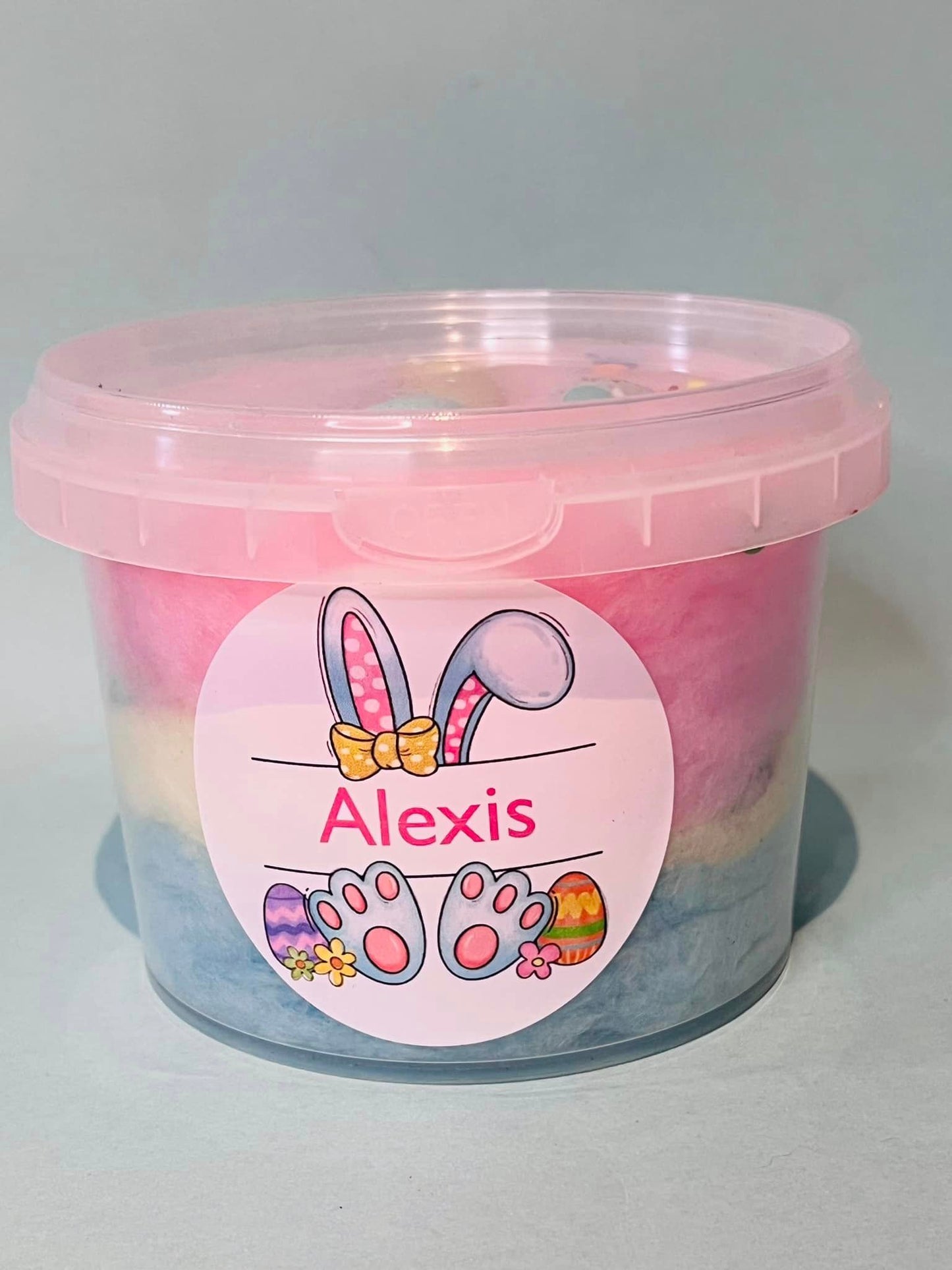 Small Rainbow Floss Tub + Candy Chocolate Eggs + Personalised Bunny Sticker