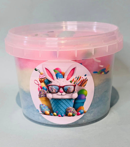 Small Rainbow Floss Tub + Candy Chocolate Eggs + Personalised Bunny Sticker