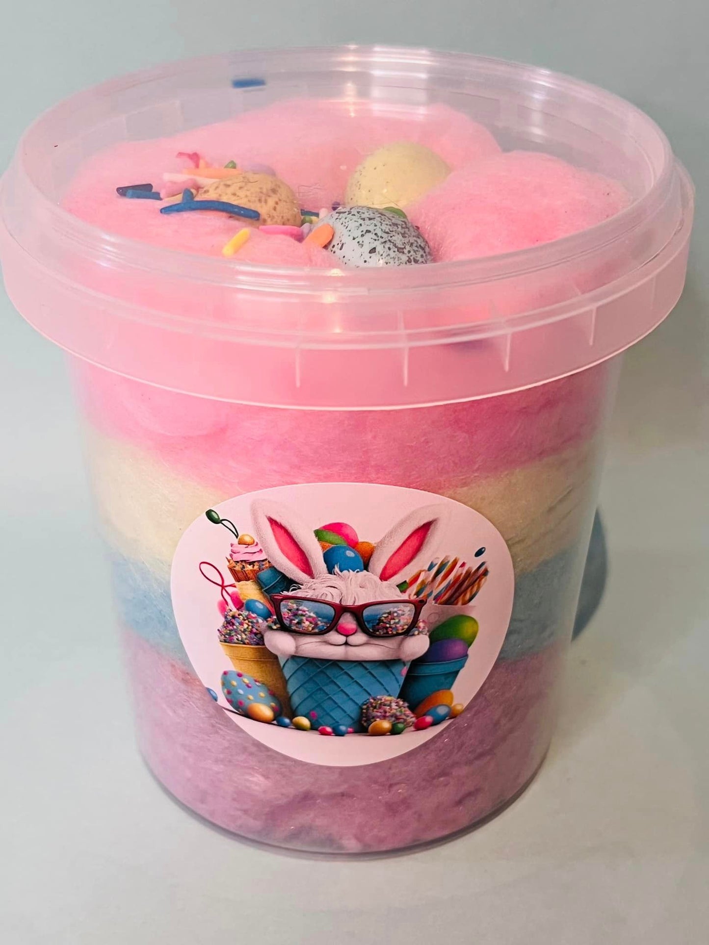 Rainbow Floss Tub + Candy Chocolate Eggs + Personalised Bunny Sticker