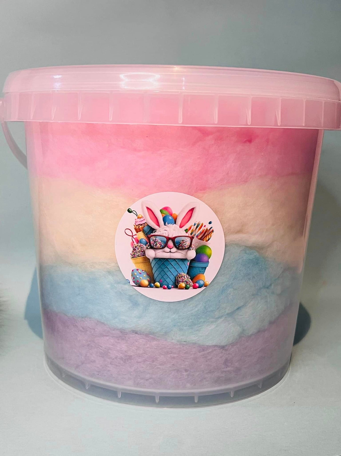 5 Litre Bucket of Rainbow Floss + Candy Chocolate Eggs + Personalised Bunny Sticker